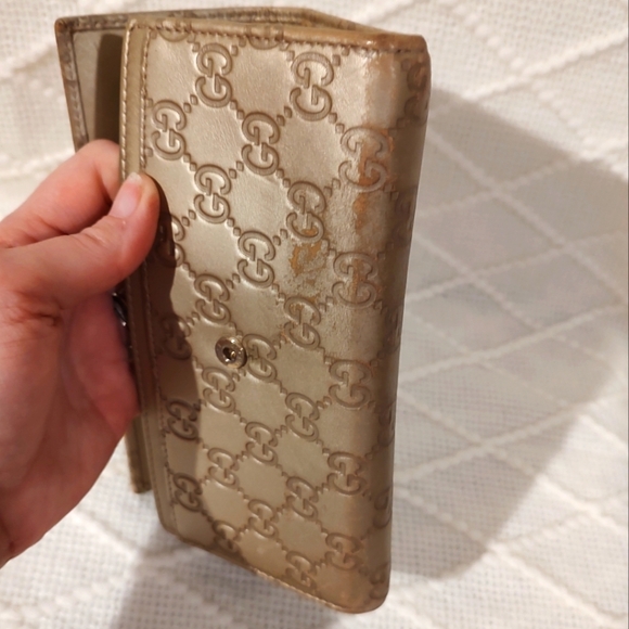 Gucci GUC Gold Brown Biege Leather Lovely Heart GG Pattern Long Wallet (W90) - Picture 7 of 15